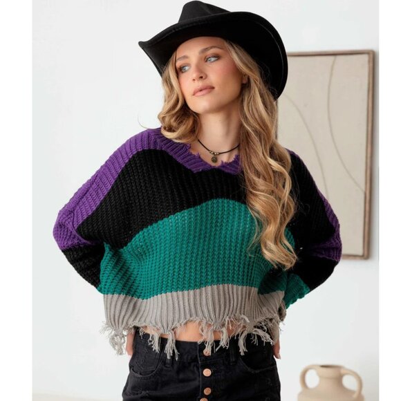 Sweaters - NWT V-Neck Purple Teal Black Grey Long Sleeve Sweater Size M, Destroyed Hem Look
